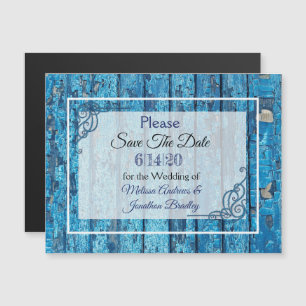 Blue Rustic Wood Save Date Bröllop Magnet