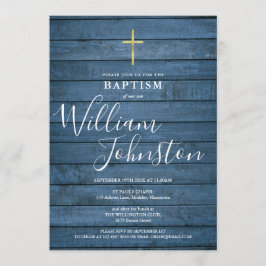 Blue Rustic Wood Script Baptism Christening Inbjudningar