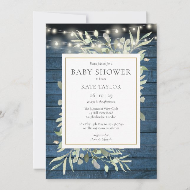 Blue Rustic Wood String Ljus Foliage Baby Shower Inbjudningar (Framsida)
