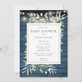 Blue Rustic Wood String Ljus Foliage Baby Shower Inbjudningar