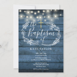 Blue Rustic Wood String Ljus Foliage Baptism Inbjudningar