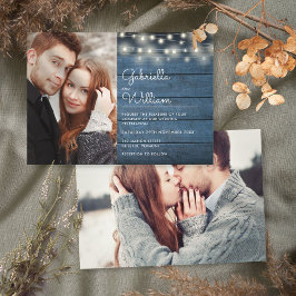 Blue Rustic Wood String Ljus Foton Bröllop Inbjudningar