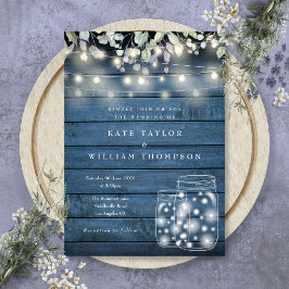 Blue Rustic Wood String Ljus Mason Burk Bröllop Inbjudningar