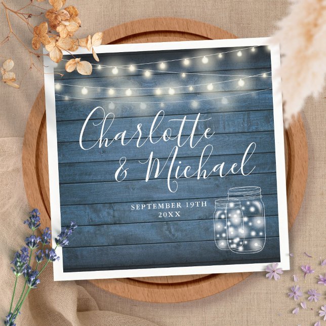 Blue Rustic Wood String Ljus Mason Burk Bröllop Pappersservett (Skapare uppladdad)