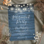 Blue Rustic Wood String Ljus Pension Party Inbjudningar<br><div class="desc">Den här snyggt pension-partiinbjudan innehåller ljus på en blå bakgrund för rustiska träpaneler och kan vara personlig med din speciella händelseinformation. Designad av Thisisnotme©</div>