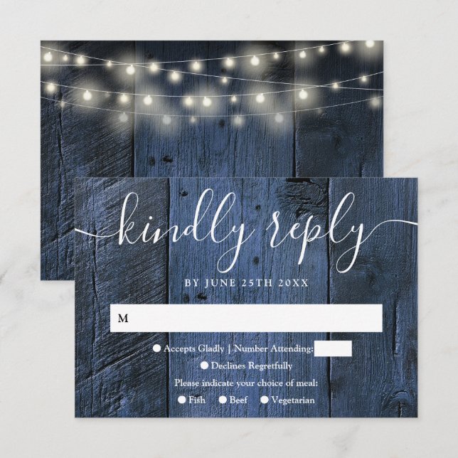 Blue Rustic Wood String Ljus Westernare Bröllop OSA Kort (Fram/baksida)