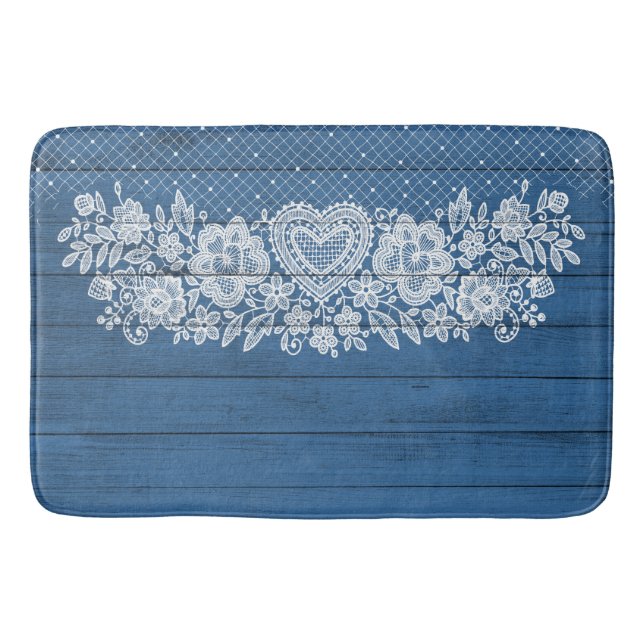 Blue Rustic Wood & White Snöre Lacy Farmhouse Badrumsmatta (Framsidan)