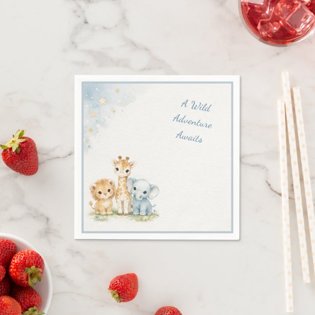 Blue Safari Cute Lion Elephant Giraffe Kids    Pappersservett (Insitu)