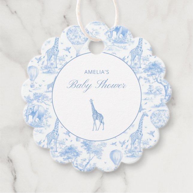 Blue Safari Toile de Jouy Baby Shower Gåvor Etiketter (Framsida)