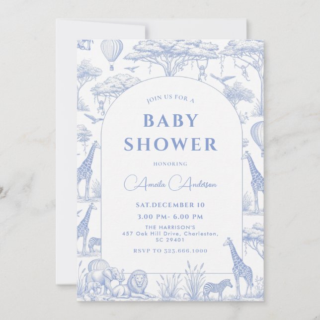 blue Safari Toile De Jouy Boy Baby Shower  Inbjudningar (Framsida)