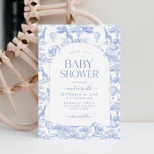 Blue Safari Toile De Jouy Boy Shower Inbjudningar