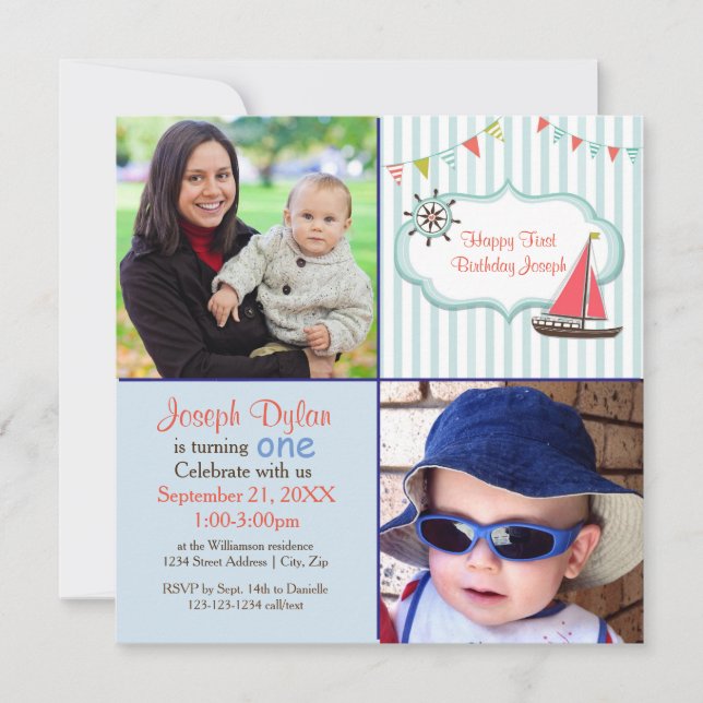 Blue Sailboat 2 Photo Kids - födelsedagsinbjudan Inbjudningar (Framsida)