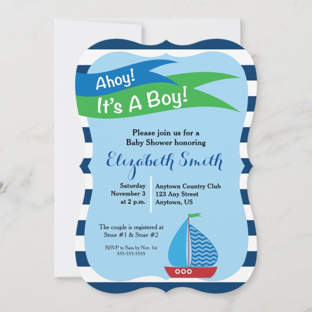 Blue Sailboat Nautical Boy Baby Shower Inbjudningar (Framsida)