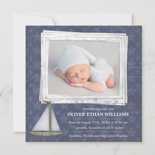 Blue Sailboat Stars Boy Photo Birth Announement Meddelande (Framsida)