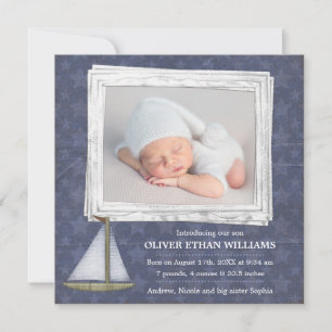 Blue Sailboat Stars Boy Photo Birth Announement Meddelande