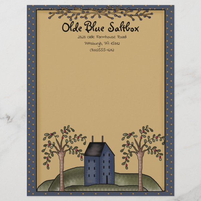 Blue Saltbox House med primitive Stars & Berries Brevhuvud (Framsida)