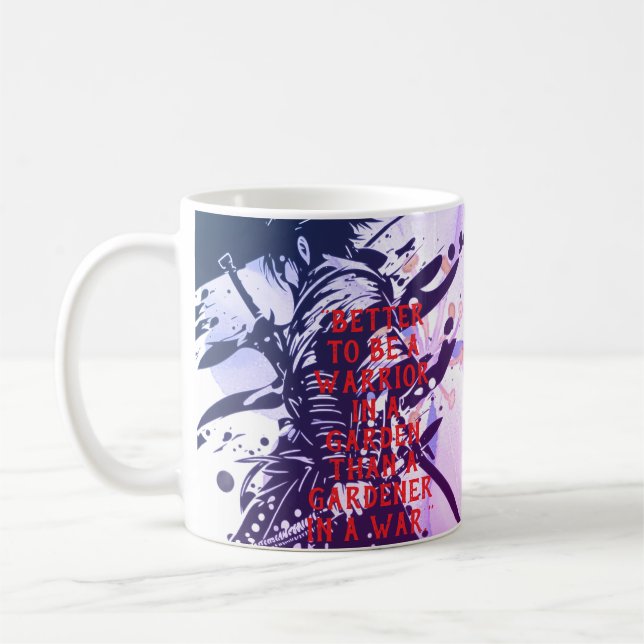 Blue Samurai & Cherry Blossom Ink Art Motivational Kaffemugg (Vänster)