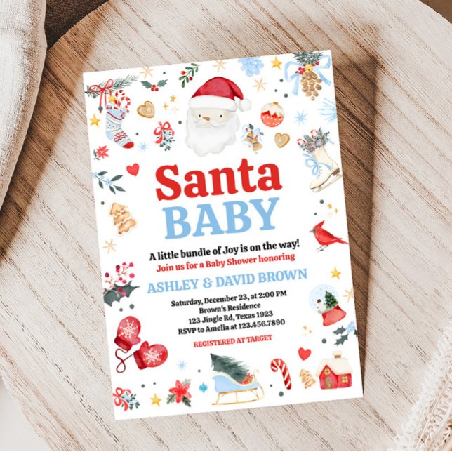 Blue Santa Baby Baby Shower Inbjudningar (Red and Blue Santa Baby Shower Invitation)