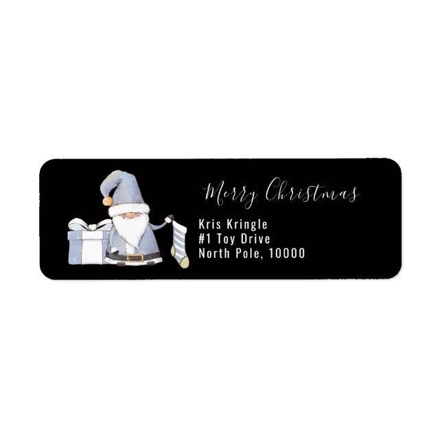 Blue Santa Gnome med Stocking & Gift Returadress Etikett (Framsidan)