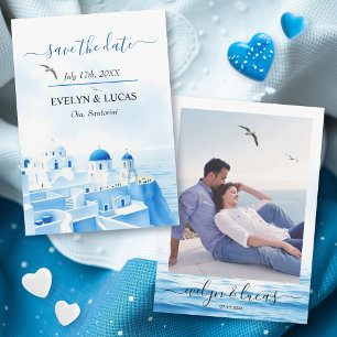 Blue Santorini Greece vattenfärgsfoto bröllop Spara Datumet