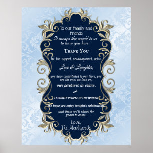 Blue Satin Guld Metallic Ram Bröllop Hälsning Poster