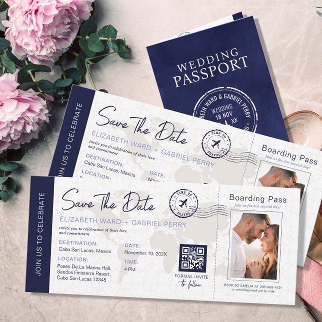 Blue Save the Date Destination Wedding QR-kod Inbjudningar (Skapare uppladdad)