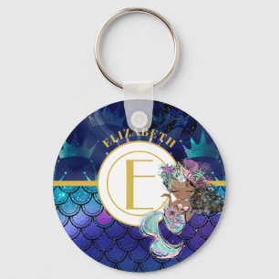 Blue Scales Monogram, svart Sjöjungfru, med namn Nyckelring