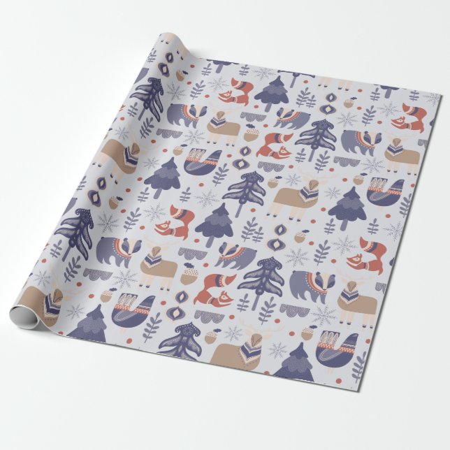 Blue Scandinavian Winter Fox Badger Presentpapper (Utrullad)