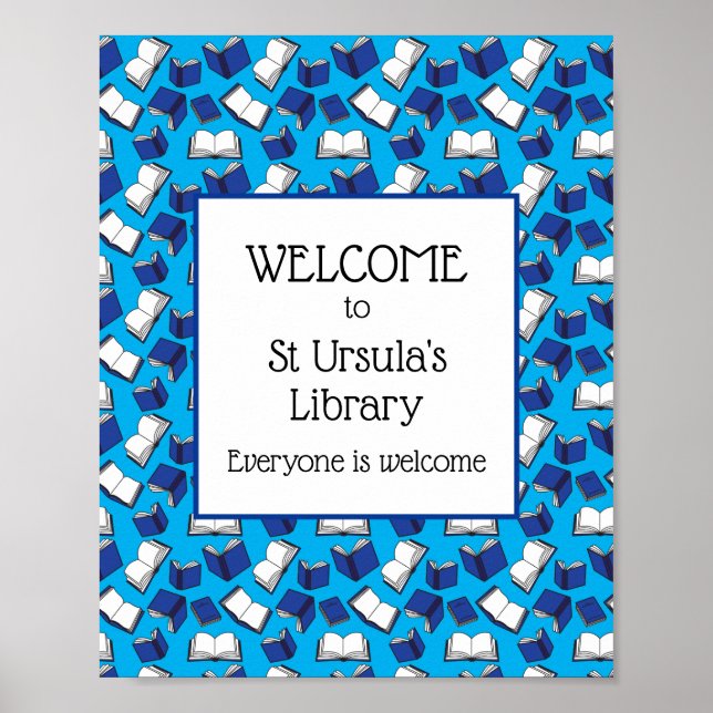 Blue School Bokar Välkommen till Bibliotek Poster (Framsidan)
