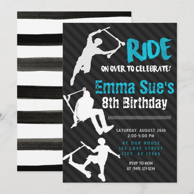 Blue Scooter Skate Park Party Birthday Inbjudningar (Fram/baksida)