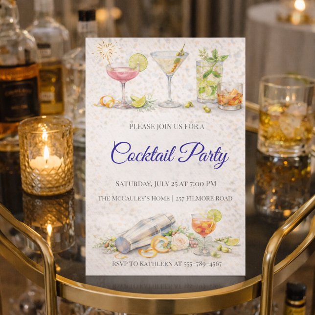 Blue Script Cocktail Night Invitation Inbjudningar (Blue script cocktail night with citrus drinks and modern bar gathering vibe)