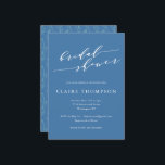 Blue Script Floral Bold Romantic Bridal Shower Inbjudningar<br><div class="desc">This bridal shower invitation features a rich French blue background with a large flowing white script headline and clean mixed typography for all event details. The reverse side displays a delicate wildflower and tulip line art pattern in soft white, adding a botanical touch to the finished piece. A romantic and...</div>