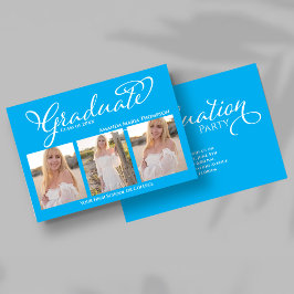 Blue Script Photo Collage Graduation Announcement Inbjudningar