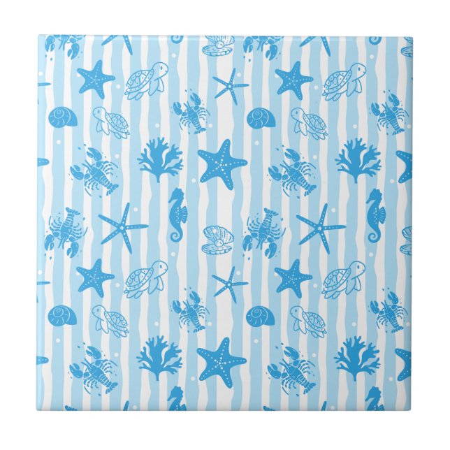 Blue Sea Creatures Nautical Doodle Pattern Kakelplatta (Framsidan)