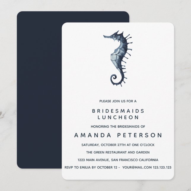 Blue Seahorse Bridesmaids Luncheon Bröllop Inbjudningar (Fram/baksida)