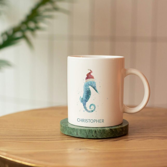 Blue Seahorse Nautical Named jul Kaffemugg (Watercolor Sea Horse with Santa Hat Mug)