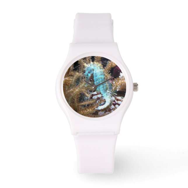 Blue Seahorse White Silicone Watch Armbandsur (Framsida)