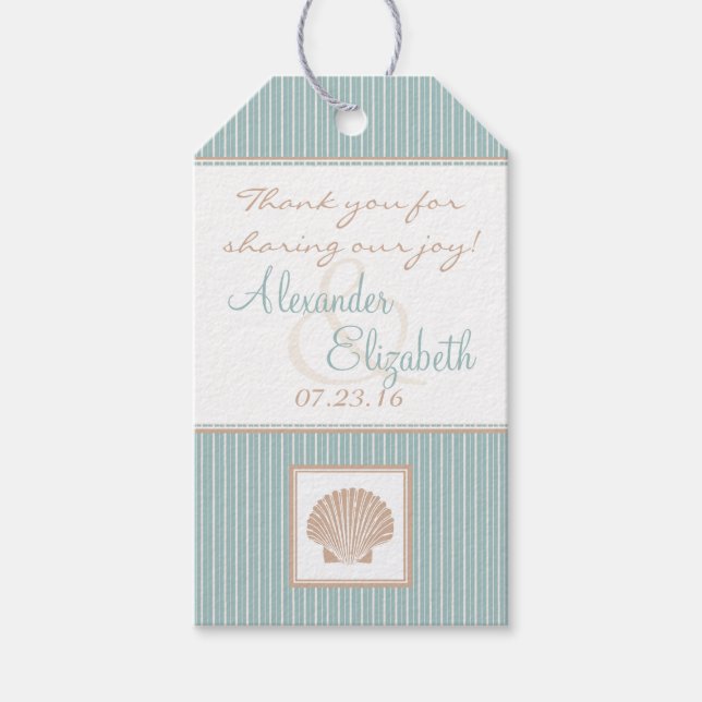 Blue Seashell Beach Wedding Guest Favor Presentetikett (Framsidan)