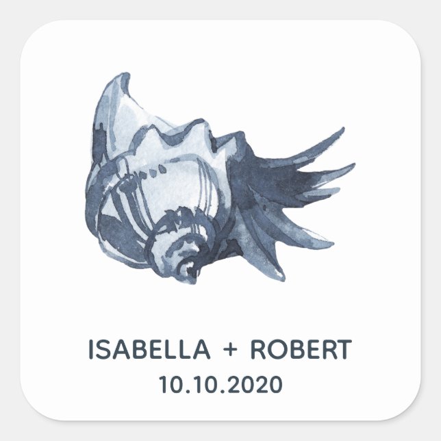 Blue Seashell | Bröllop Monogram Fyrkantigt Klistermärke (Framsida)