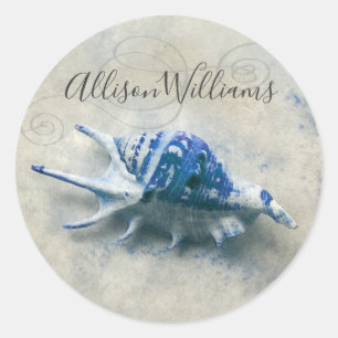 Blue Seashell Coastal Monogrammed Modern Script Runt Klistermärke