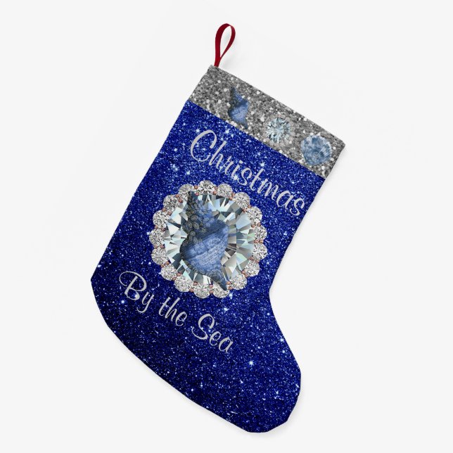 Blue Seashell Jewel Blue & Silver Faux Glitter Liten Julstrumpa (Framsidan (Hängande))