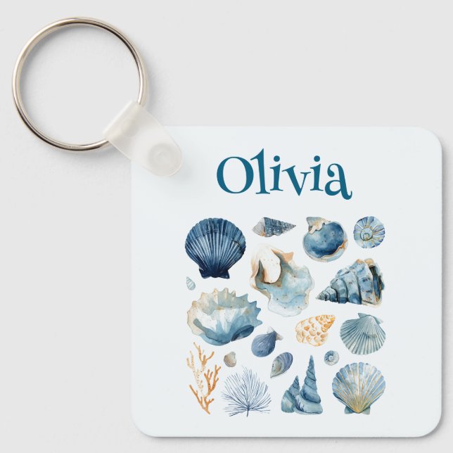 Blue Seashell Keychain | Custom Name Nyckelring (Framsida)