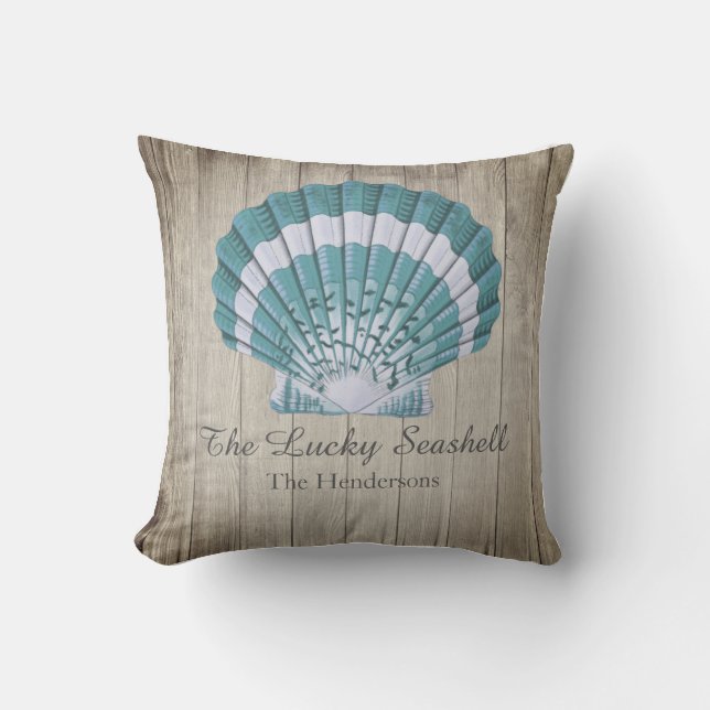 Blue Seashell Monogram Anpassningsbar Nautical Coa Kudde (Framsida)