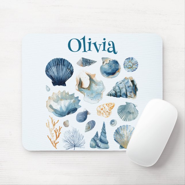 Blue Seashell Mouse Pad | Custom Name Musmatta (Med mus)