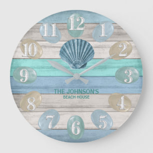 Blue Seashell och Beach Wood Nautical - Blue Teal Stor Klocka