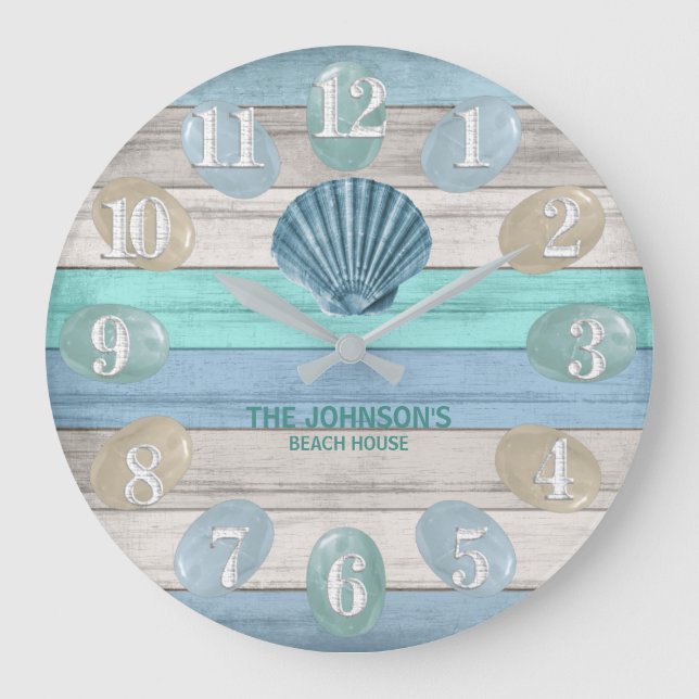 Blue Seashell och Beach Wood Nautical - Blue Teal Stor Klocka (Framsida)