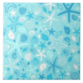 Blue Seashell & Star Bathroom Art Kakelplatta