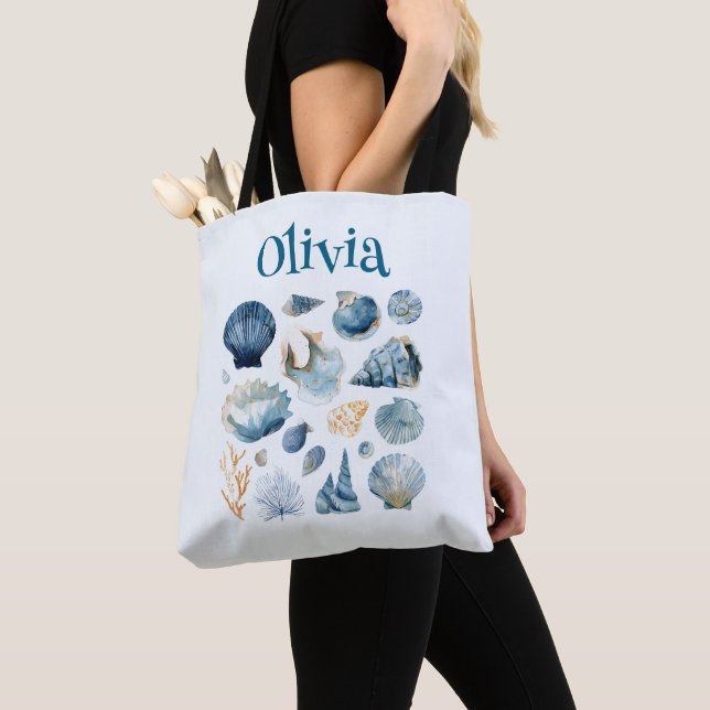 Blue Seashell Tote Bag – Custom Name Tygkasse (Närbild)