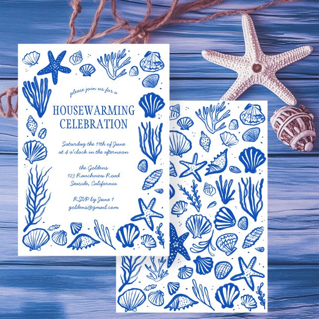 Blue Seashells Anpassningsbar HOUSEWARMING PARTY Inbjudningar (Beach Blue Seashells Custom HOUSEWARMING PARTY New Home Address Party Invitation
)