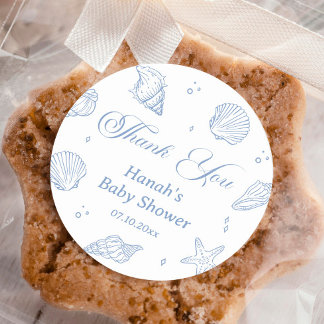 Blue Seashells Coastal Baby Shower Tack Runt Klistermärke